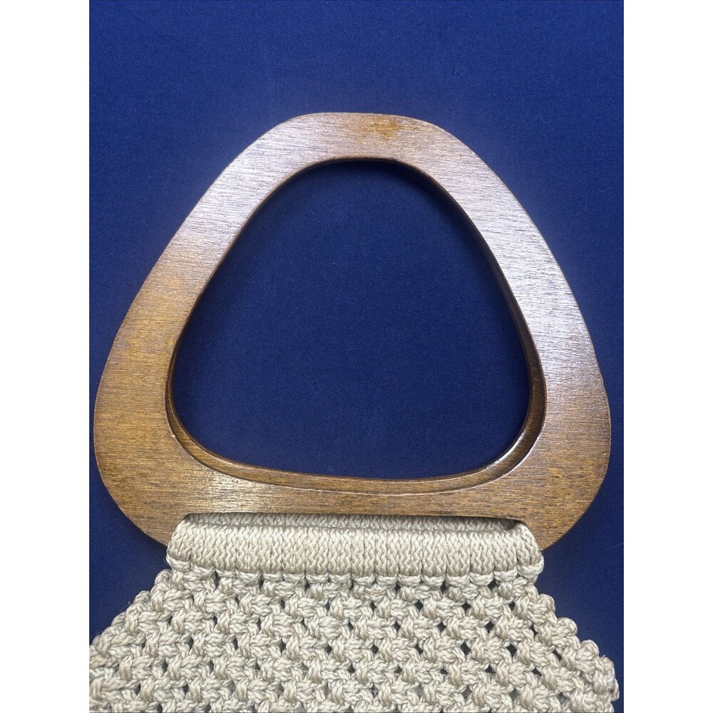 Vintage Macrame Handbag Purse Wood Handles Beige Boho Hippie Handmade 1970s - Picture 4 of 12